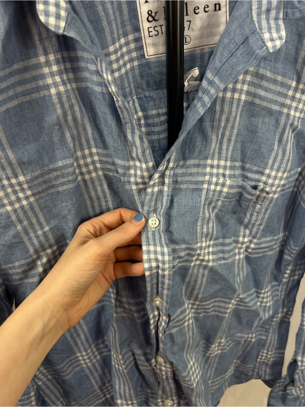 Frank & Eileen Barry Italian Linen Blue Plaid Button Down Shirt Size Large - Picture 3 of 9